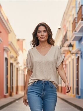 Rio & Rian Casual V-Neck Short Cuffed Sleeve Top White Beige Stripes Comfy L